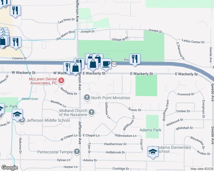 map of restaurants, bars, coffee shops, grocery stores, and more near 6009 Stillwater Lane in Midland