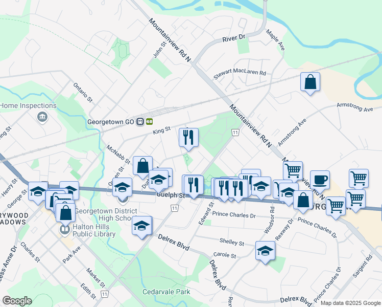 map of restaurants, bars, coffee shops, grocery stores, and more near 52 Durham Street in Halton Hills