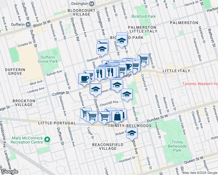 map of restaurants, bars, coffee shops, grocery stores, and more near 28 Shannon Street in Toronto