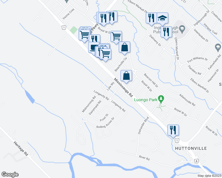 map of restaurants, bars, coffee shops, grocery stores, and more near 16 Lyle Way in Brampton