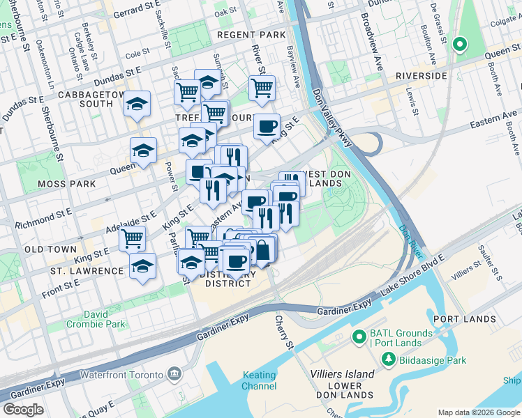map of restaurants, bars, coffee shops, grocery stores, and more near 80 Cooperage Street in Toronto
