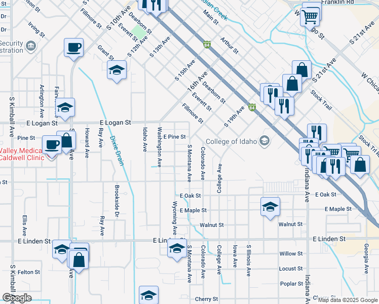 map of restaurants, bars, coffee shops, grocery stores, and more near 2304 East Elm Street in Caldwell
