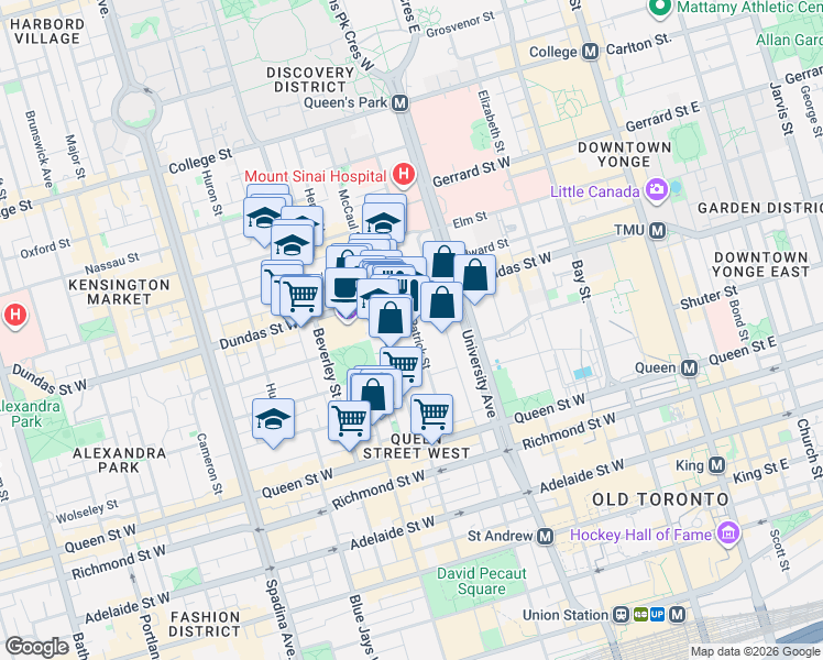 map of restaurants, bars, coffee shops, grocery stores, and more near 120 Saint Patrick Street in Toronto