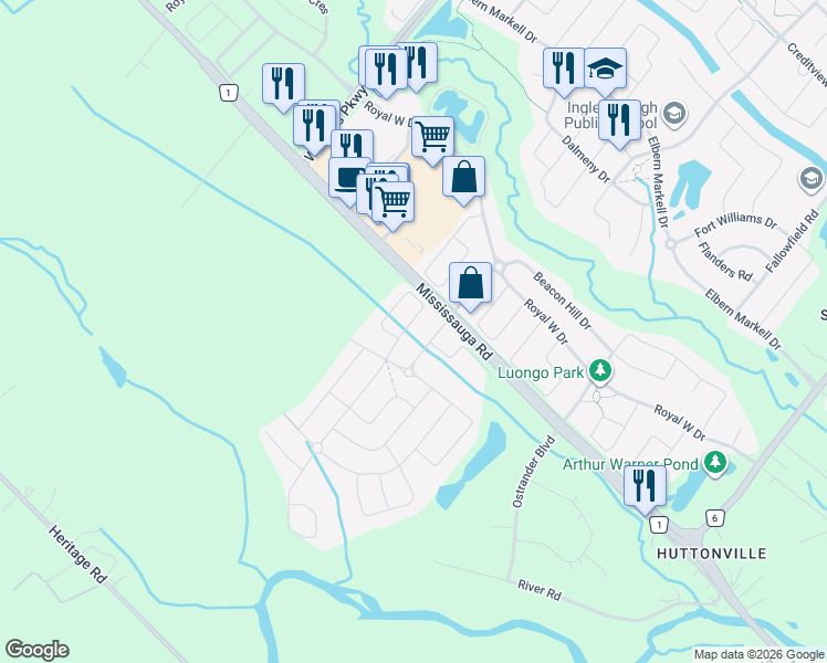 map of restaurants, bars, coffee shops, grocery stores, and more near 16 Lyle Way in Brampton
