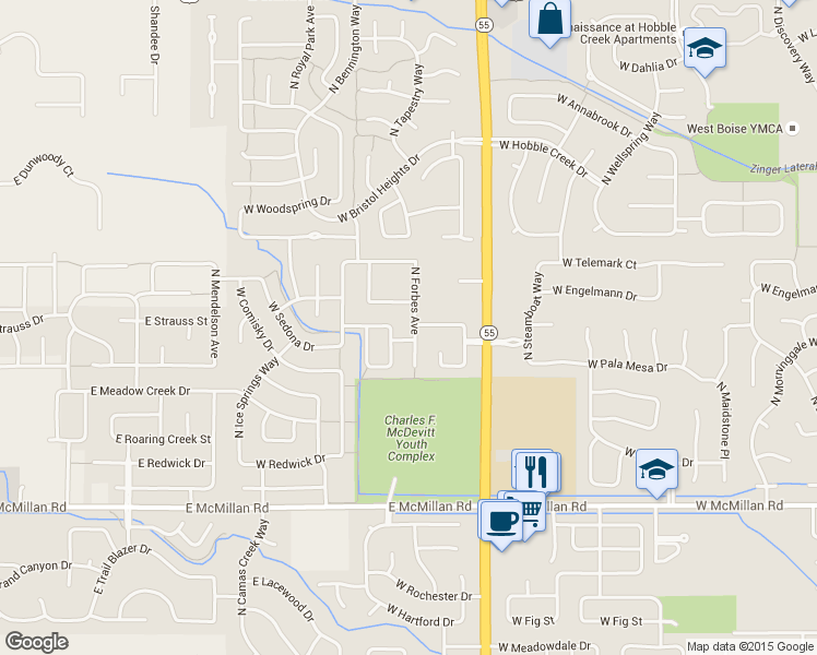map of restaurants, bars, coffee shops, grocery stores, and more near 5351 North Forbes Avenue in Boise