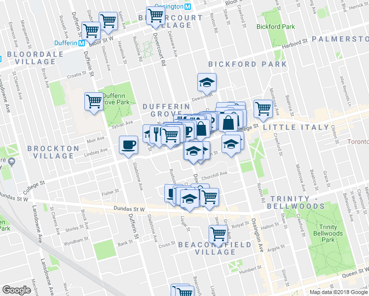 map of restaurants, bars, coffee shops, grocery stores, and more near 945 College Street in Toronto