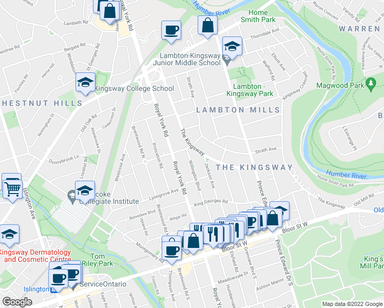map of restaurants, bars, coffee shops, grocery stores, and more near 103 Willingdon Boulevard in Toronto