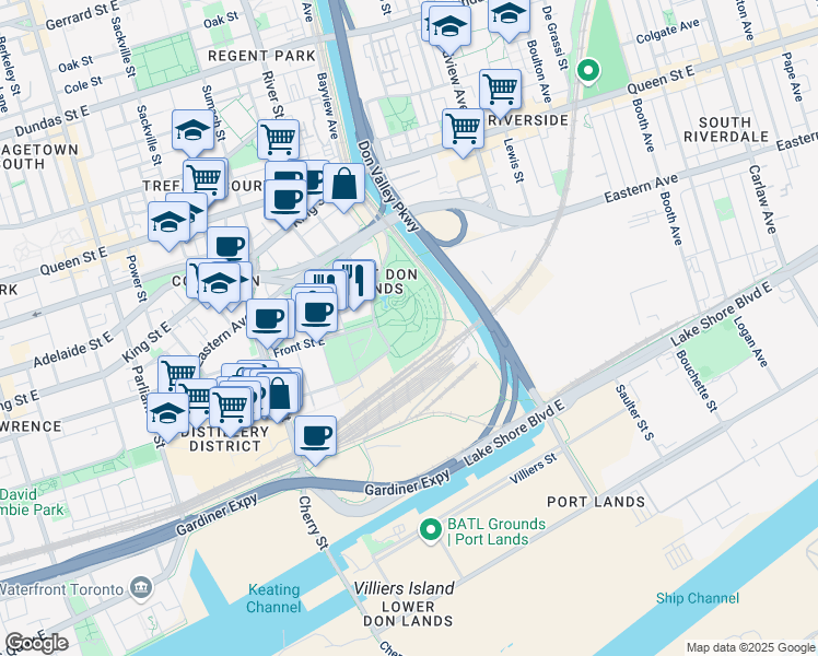 map of restaurants, bars, coffee shops, grocery stores, and more near 155 Bayview Avenue in Toronto
