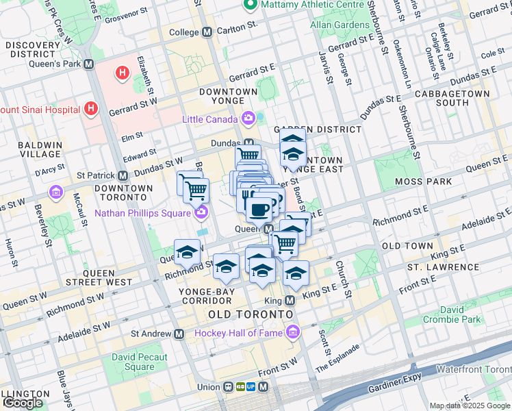 map of restaurants, bars, coffee shops, grocery stores, and more near 218 Yonge Street in Toronto