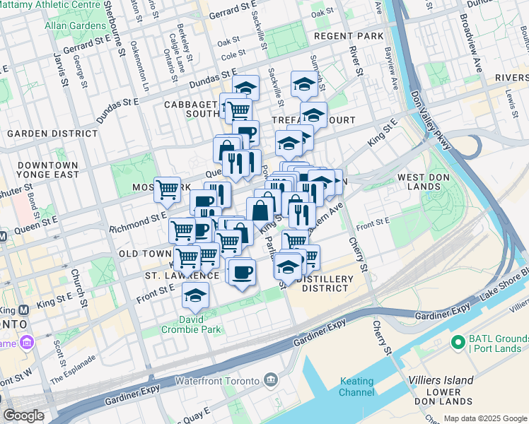 map of restaurants, bars, coffee shops, grocery stores, and more near in Toronto