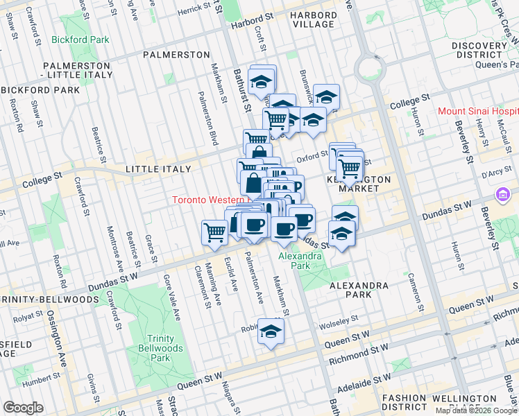 map of restaurants, bars, coffee shops, grocery stores, and more near in Toronto