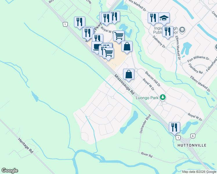 map of restaurants, bars, coffee shops, grocery stores, and more near 44 Lyle Way in Brampton