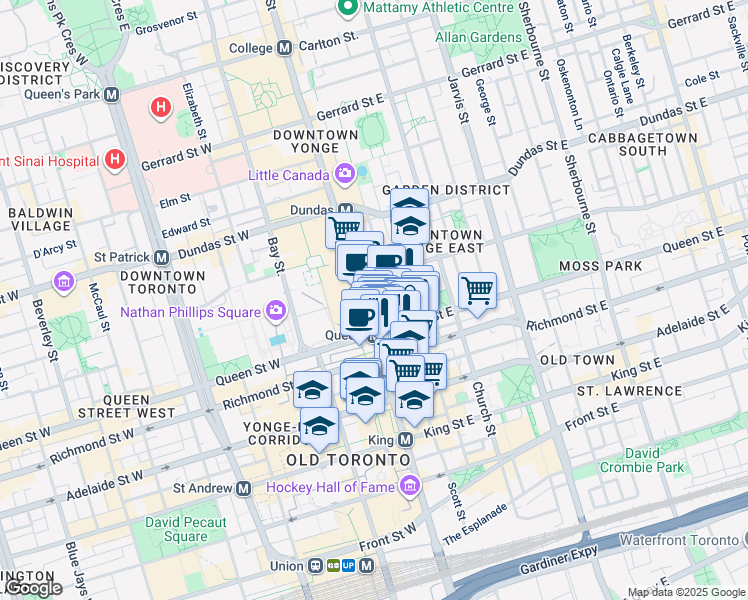 map of restaurants, bars, coffee shops, grocery stores, and more near in Toronto