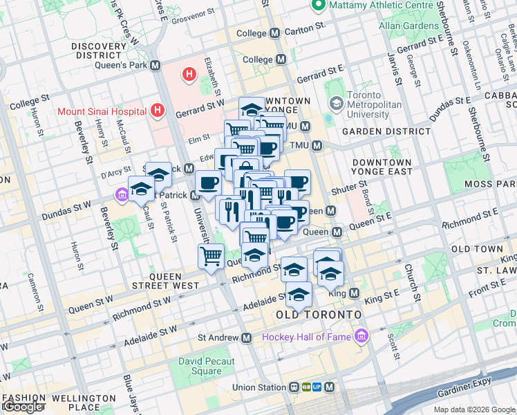 map of restaurants, bars, coffee shops, grocery stores, and more near 100 Queen Street West in Toronto