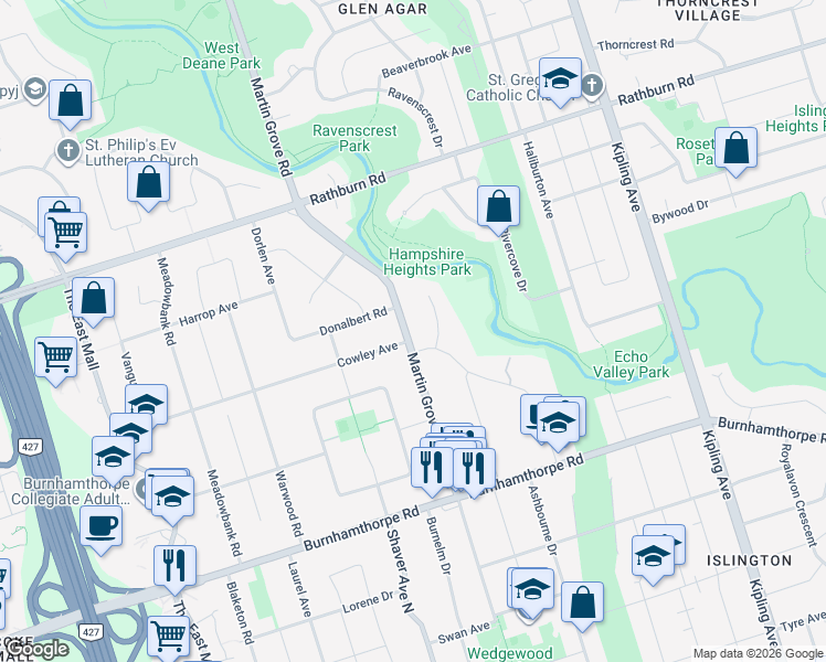 map of restaurants, bars, coffee shops, grocery stores, and more near 195 Martin Grove Road in Toronto