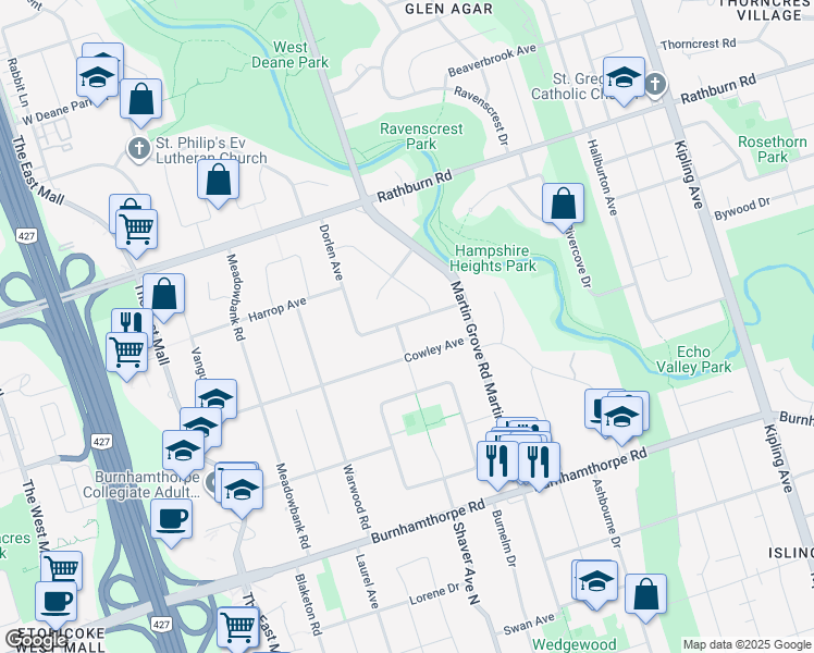 map of restaurants, bars, coffee shops, grocery stores, and more near 19 Donalbert Road in Toronto
