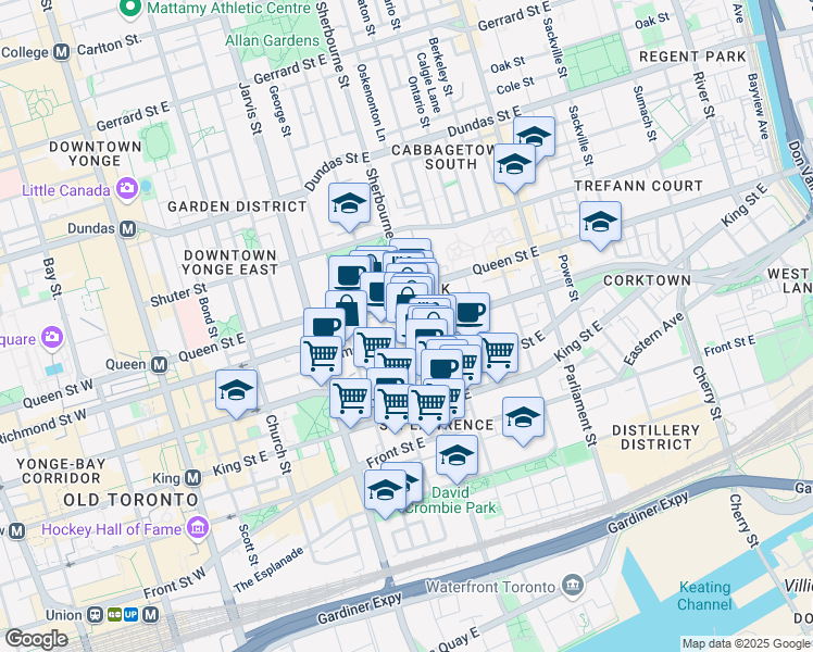 map of restaurants, bars, coffee shops, grocery stores, and more near 298 Richmond Street East in Toronto