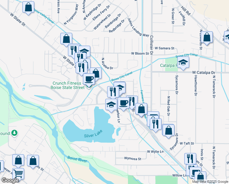 map of restaurants, bars, coffee shops, grocery stores, and more near 3641 North Market Place Lane in Boise