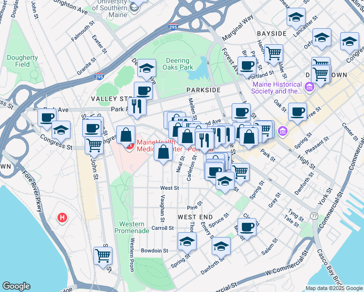 map of restaurants, bars, coffee shops, grocery stores, and more near 168 Neal Street in Portland