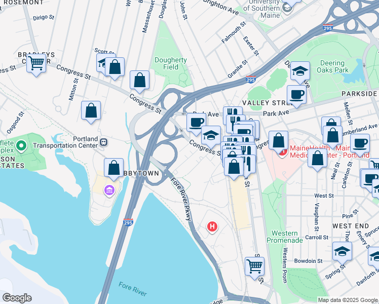 map of restaurants, bars, coffee shops, grocery stores, and more near 30 Frederic Street in Portland