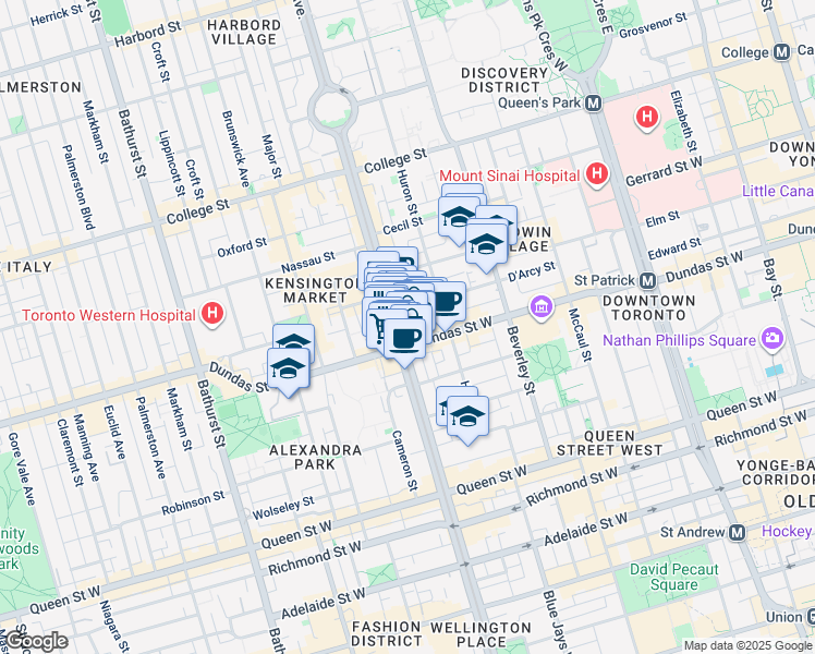 map of restaurants, bars, coffee shops, grocery stores, and more near 263 Spadina Avenue in Toronto
