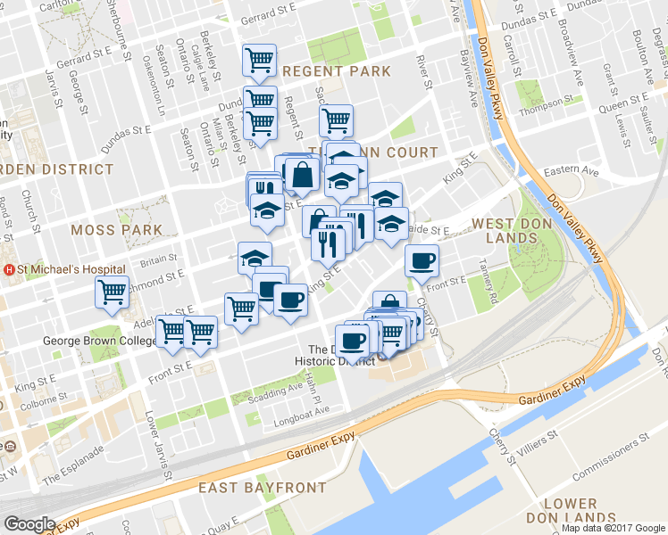 map of restaurants, bars, coffee shops, grocery stores, and more near 360 King Street East in Toronto