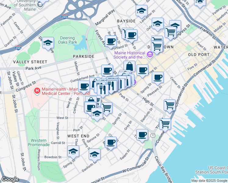 map of restaurants, bars, coffee shops, grocery stores, and more near 660 Congress Street in Portland