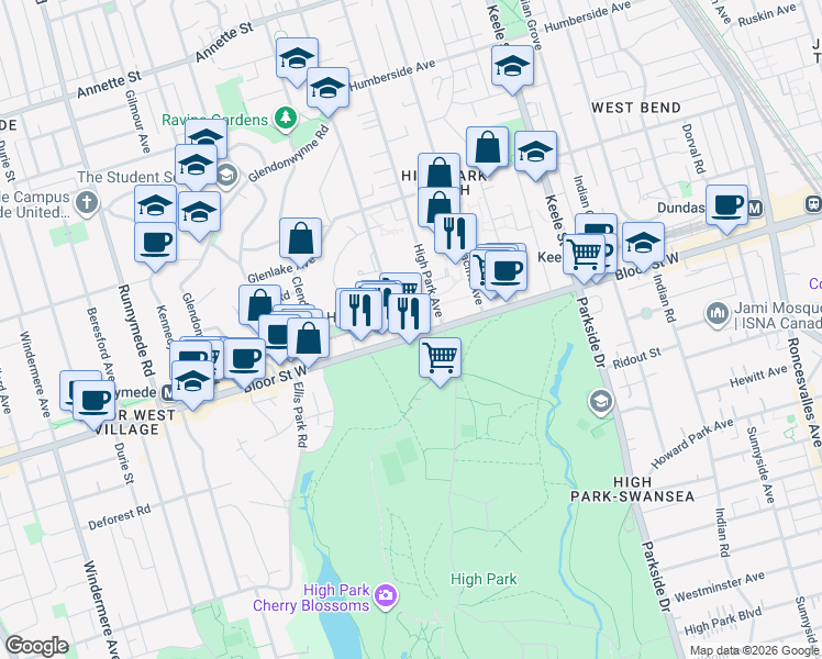 map of restaurants, bars, coffee shops, grocery stores, and more near 1930 Bloor Street West in Toronto