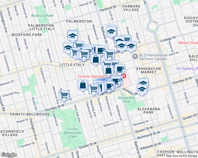 map of restaurants, bars, coffee shops, grocery stores, and more near 224 Palmerston Avenue in Toronto
