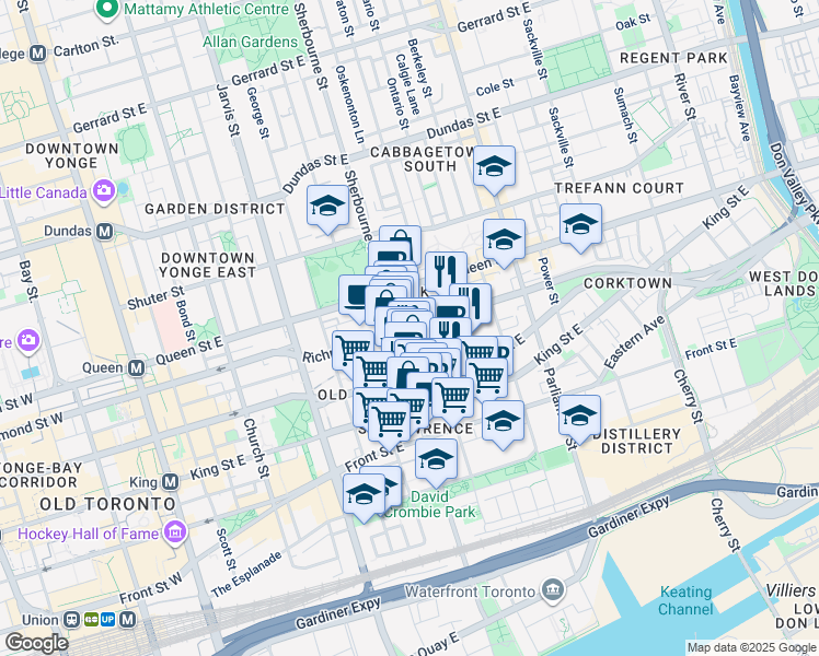 map of restaurants, bars, coffee shops, grocery stores, and more near 323 Richmond Street East in Toronto