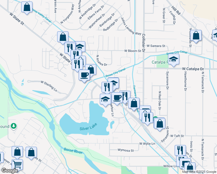map of restaurants, bars, coffee shops, grocery stores, and more near 3641 North Market Place Lane in Boise