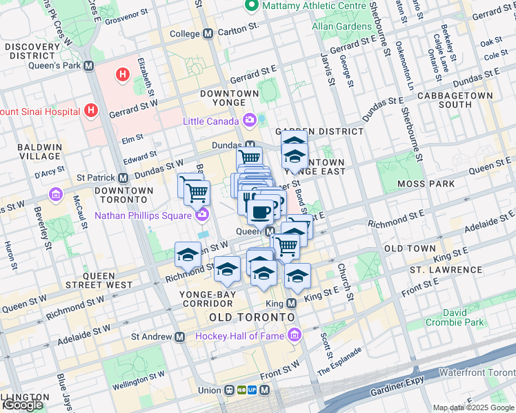 map of restaurants, bars, coffee shops, grocery stores, and more near 228 Yonge Street in Toronto