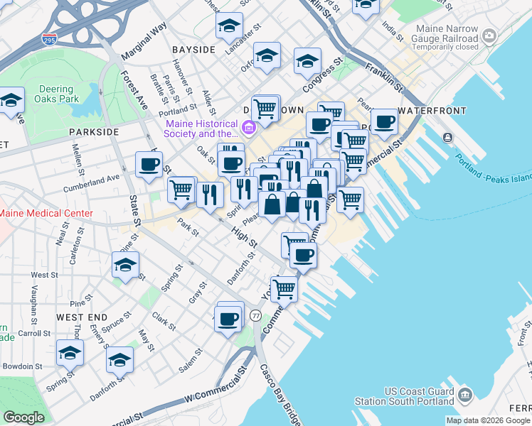map of restaurants, bars, coffee shops, grocery stores, and more near 52 Danforth Street in Portland