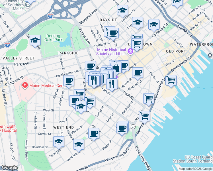 map of restaurants, bars, coffee shops, grocery stores, and more near 618 Congress Street in Portland