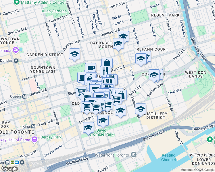 map of restaurants, bars, coffee shops, grocery stores, and more near in Toronto