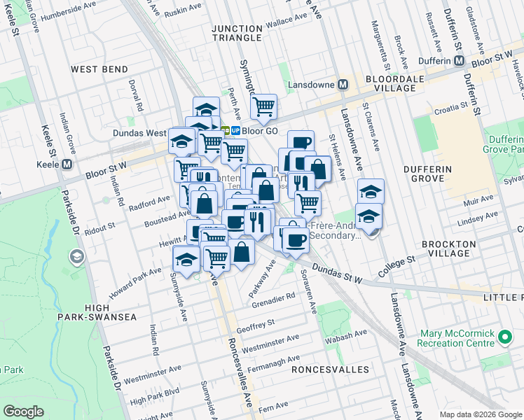 map of restaurants, bars, coffee shops, grocery stores, and more near 35 Golden Avenue in Toronto