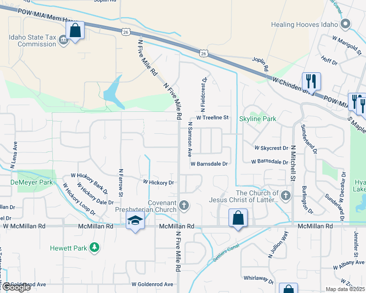 map of restaurants, bars, coffee shops, grocery stores, and more near 5374 North Five Mile Road in Boise