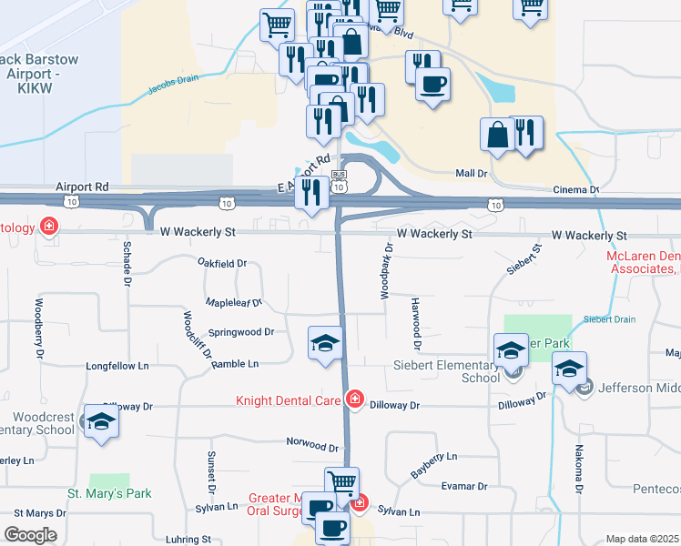 map of restaurants, bars, coffee shops, grocery stores, and more near 6123 Eastman Avenue in Midland