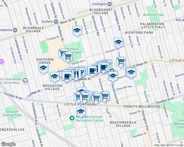 map of restaurants, bars, coffee shops, grocery stores, and more near 9 Havelock Street in Toronto