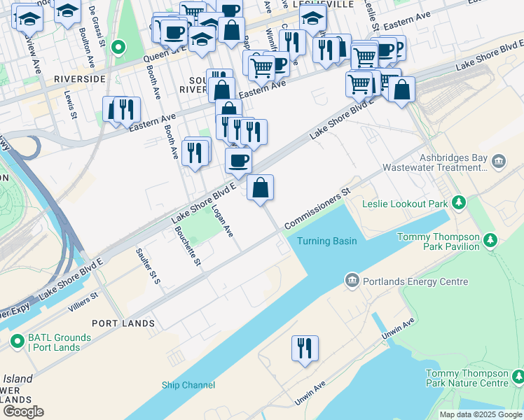 map of restaurants, bars, coffee shops, grocery stores, and more near 2 Carlaw Avenue in Toronto
