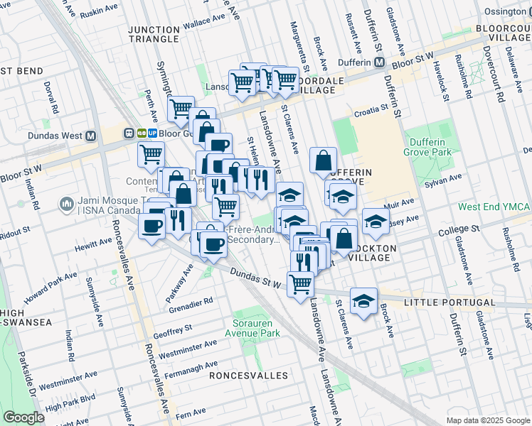 map of restaurants, bars, coffee shops, grocery stores, and more near 138 Saint Helens Avenue in Toronto