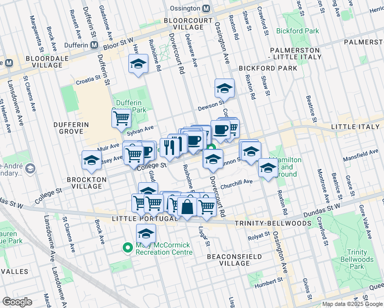 map of restaurants, bars, coffee shops, grocery stores, and more near 968 College Street in Toronto