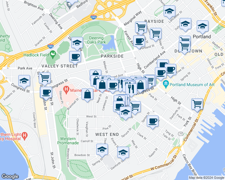 map of restaurants, bars, coffee shops, grocery stores, and more near 11 Mellen Street in Portland