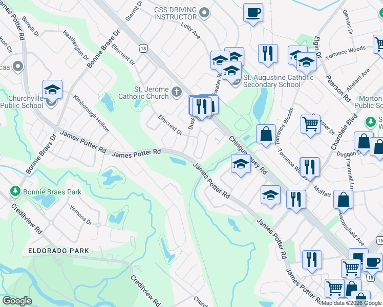 map of restaurants, bars, coffee shops, grocery stores, and more near 31 Aspen Hills Road in Brampton