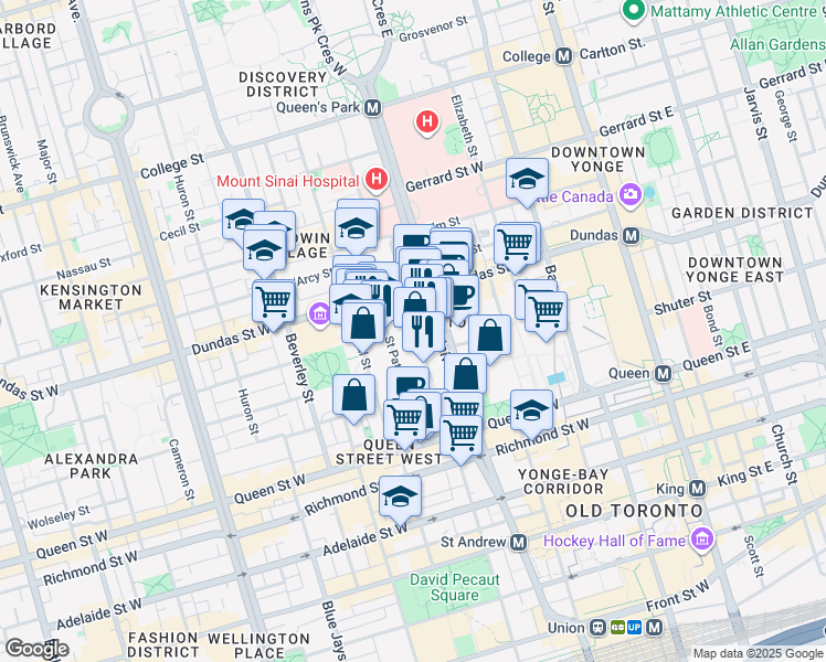 map of restaurants, bars, coffee shops, grocery stores, and more near 238 Simcoe Street in Toronto