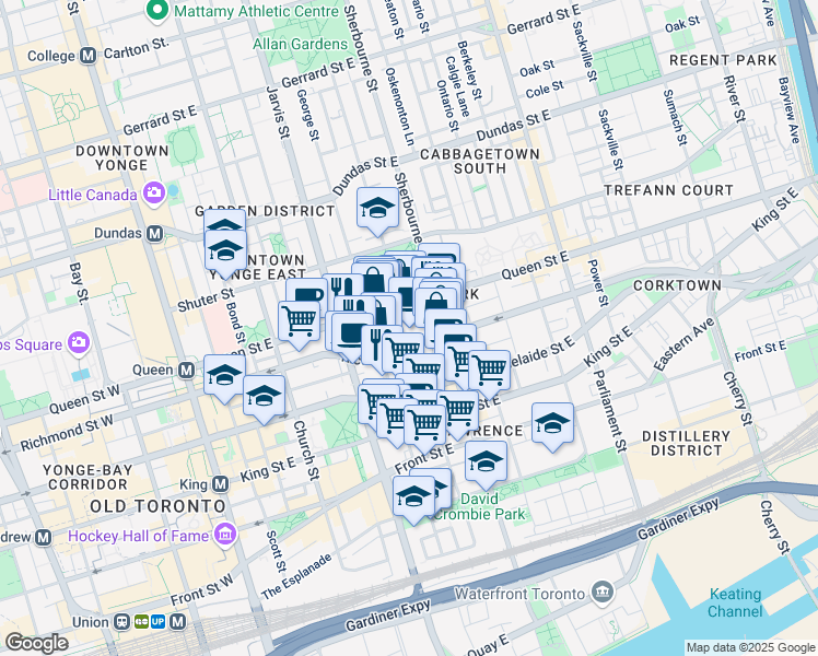 map of restaurants, bars, coffee shops, grocery stores, and more near 118 George Street in Toronto