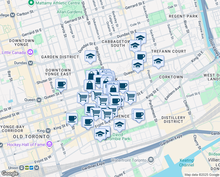 map of restaurants, bars, coffee shops, grocery stores, and more near 320 Richmond Street East in Toronto