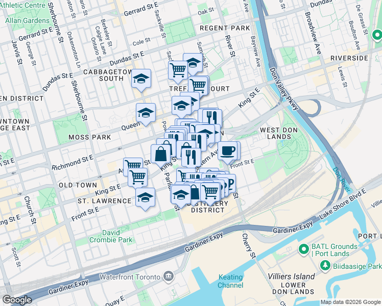 map of restaurants, bars, coffee shops, grocery stores, and more near 13 Gilead Place in Toronto