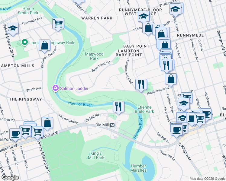 map of restaurants, bars, coffee shops, grocery stores, and more near 79 Humberview Road in Toronto