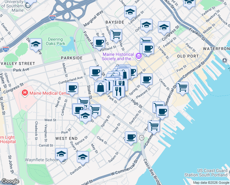 map of restaurants, bars, coffee shops, grocery stores, and more near 1 Spring Street Place in Portland